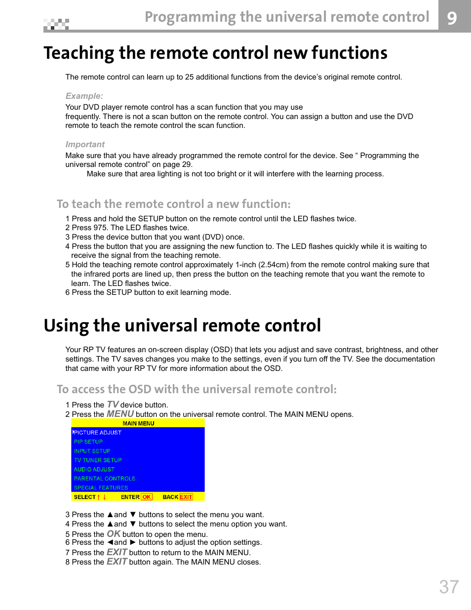 Teaching the remote control new functions, Using the universal remote control, Programming the universal remote control | Vivitek DVR5612 User Manual | Page 38 / 47