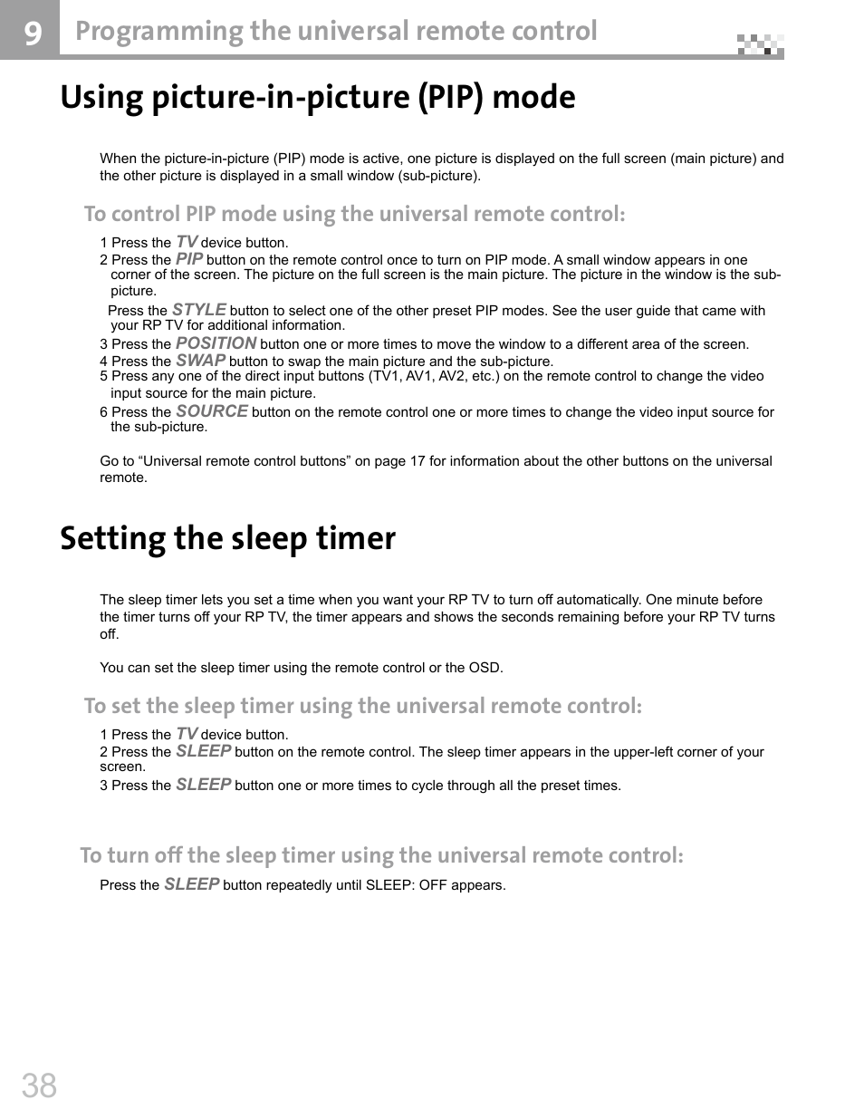 Using picture-in-picture (pip) mode, Setting the sleep timer, Programming the universal remote control | Vivitek DVR5612 User Manual | Page 39 / 47