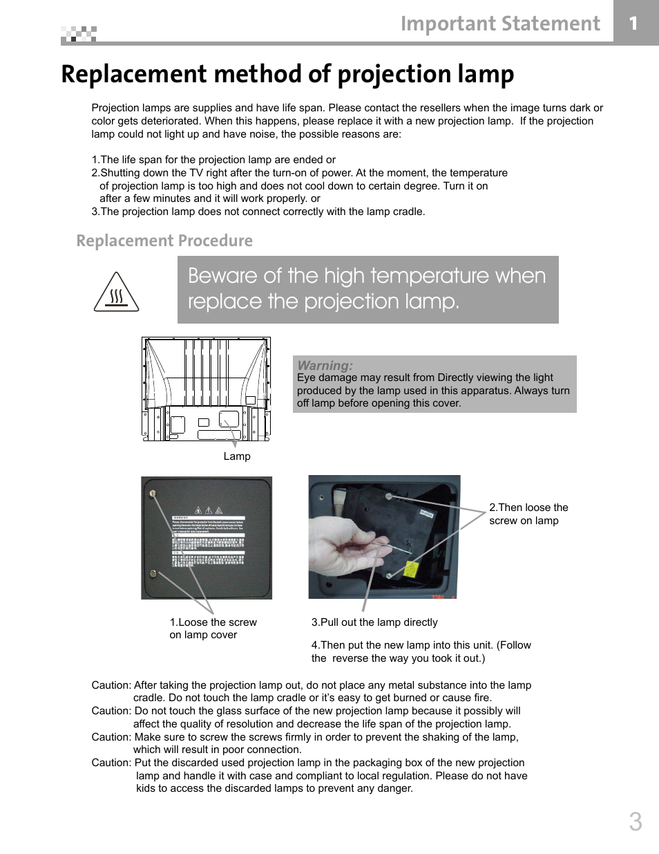 Replacement method of projection lamp, Important statement, Replacement procedure | Vivitek DVR5612 User Manual | Page 4 / 47