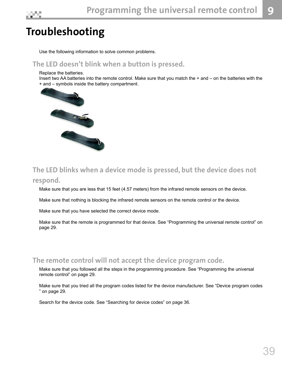 Troubleshooting, Programming the universal remote control, The led doesn’t blink when a button is pressed | Vivitek DVR5612 User Manual | Page 40 / 47
