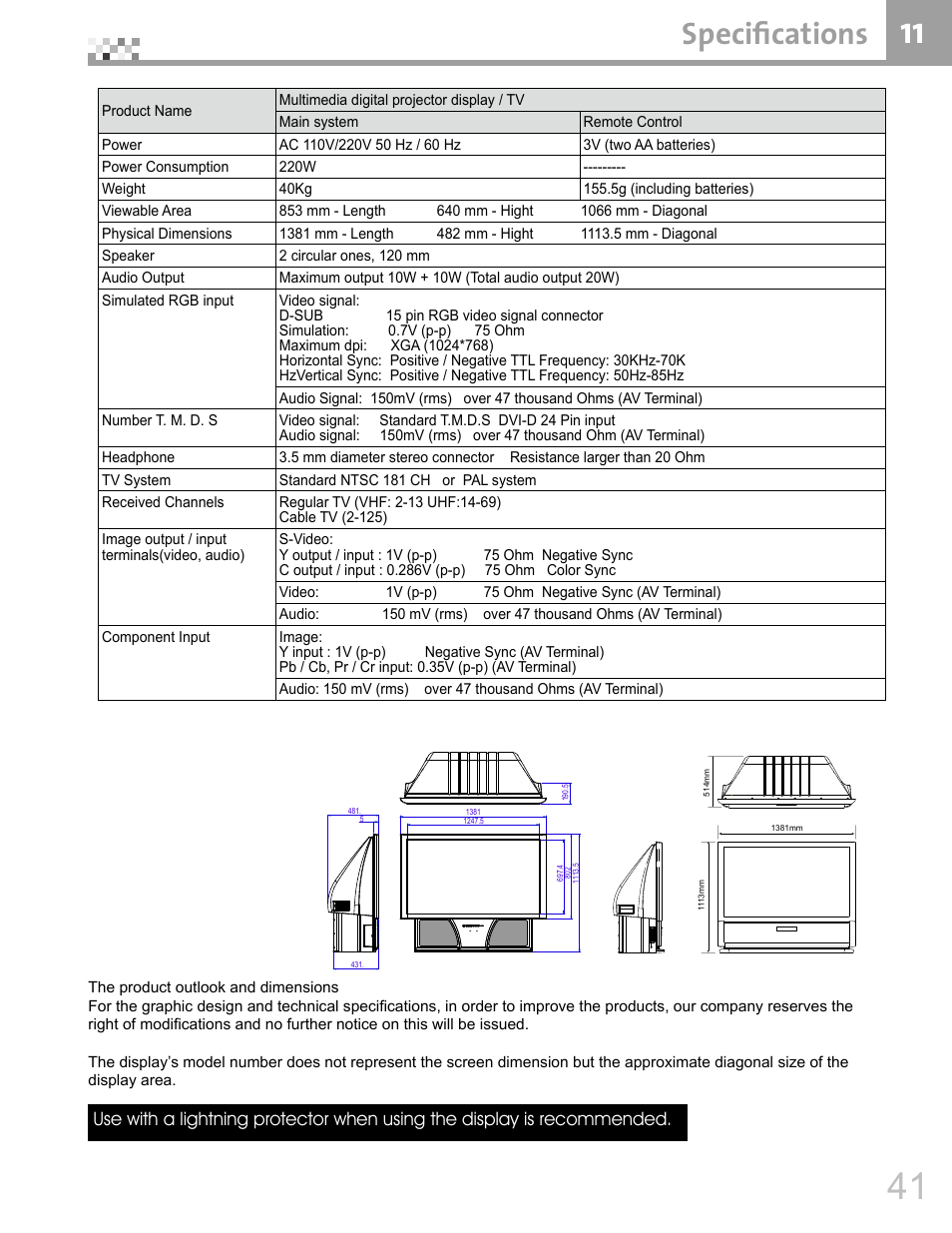 Specifications | Vivitek DVR5612 User Manual | Page 42 / 47