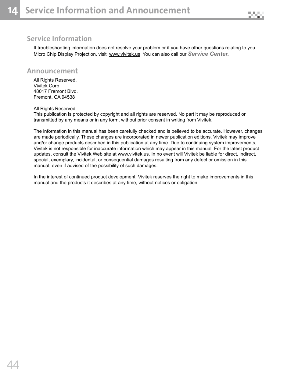 Service information and announcement | Vivitek DVR5612 User Manual | Page 45 / 47