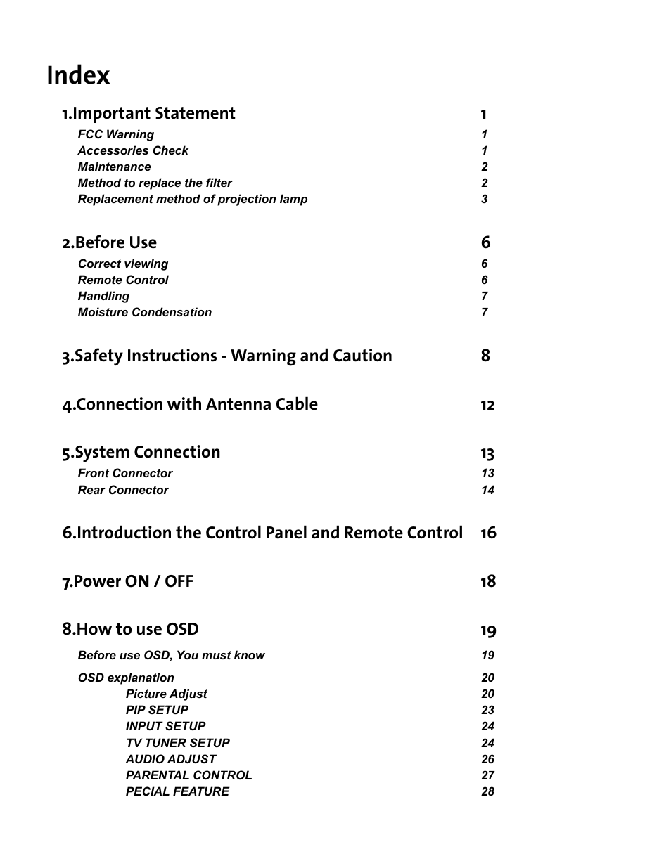 Index, Important statement 1, Before use 6 | Vivitek DVR5612 User Manual | Page 5 / 47