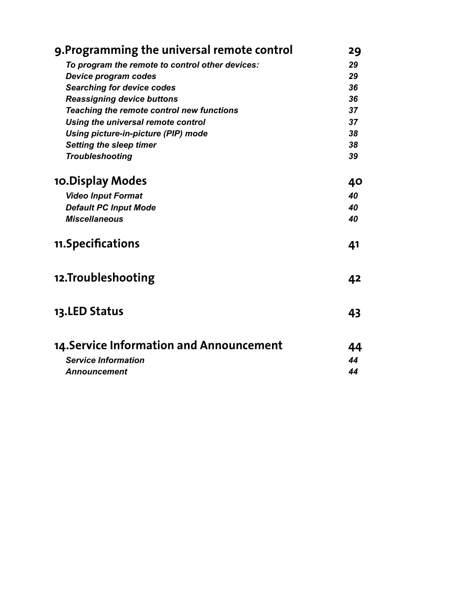 Programming the universal remote control 29, Display modes 40 | Vivitek DVR5612 User Manual | Page 6 / 47