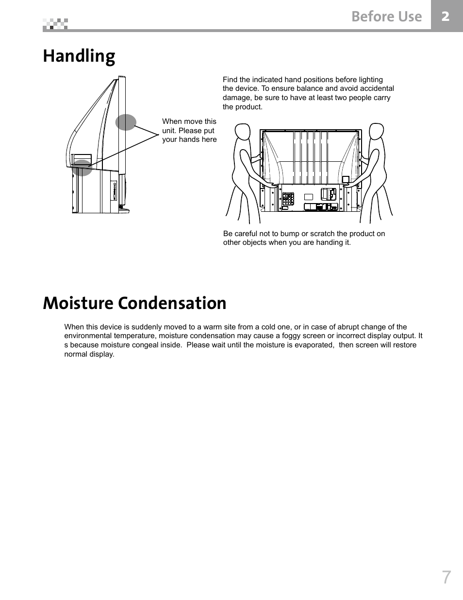 7handling, Moisture condensation, Before use | Vivitek DVR5612 User Manual | Page 8 / 47