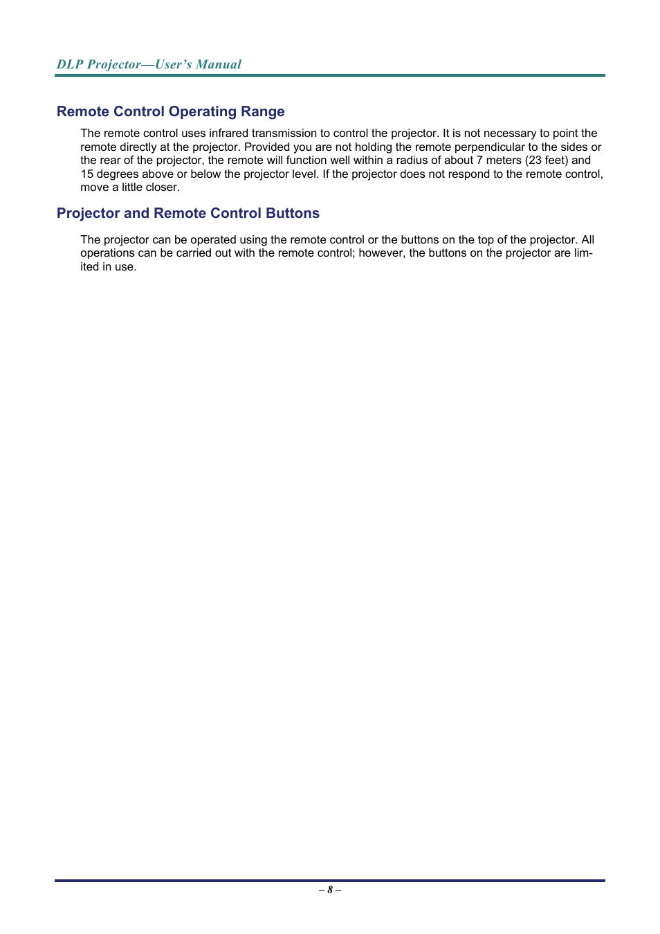 Remote control operating range, Projector and remote control buttons | Vivitek D8 User Manual | Page 16 / 64
