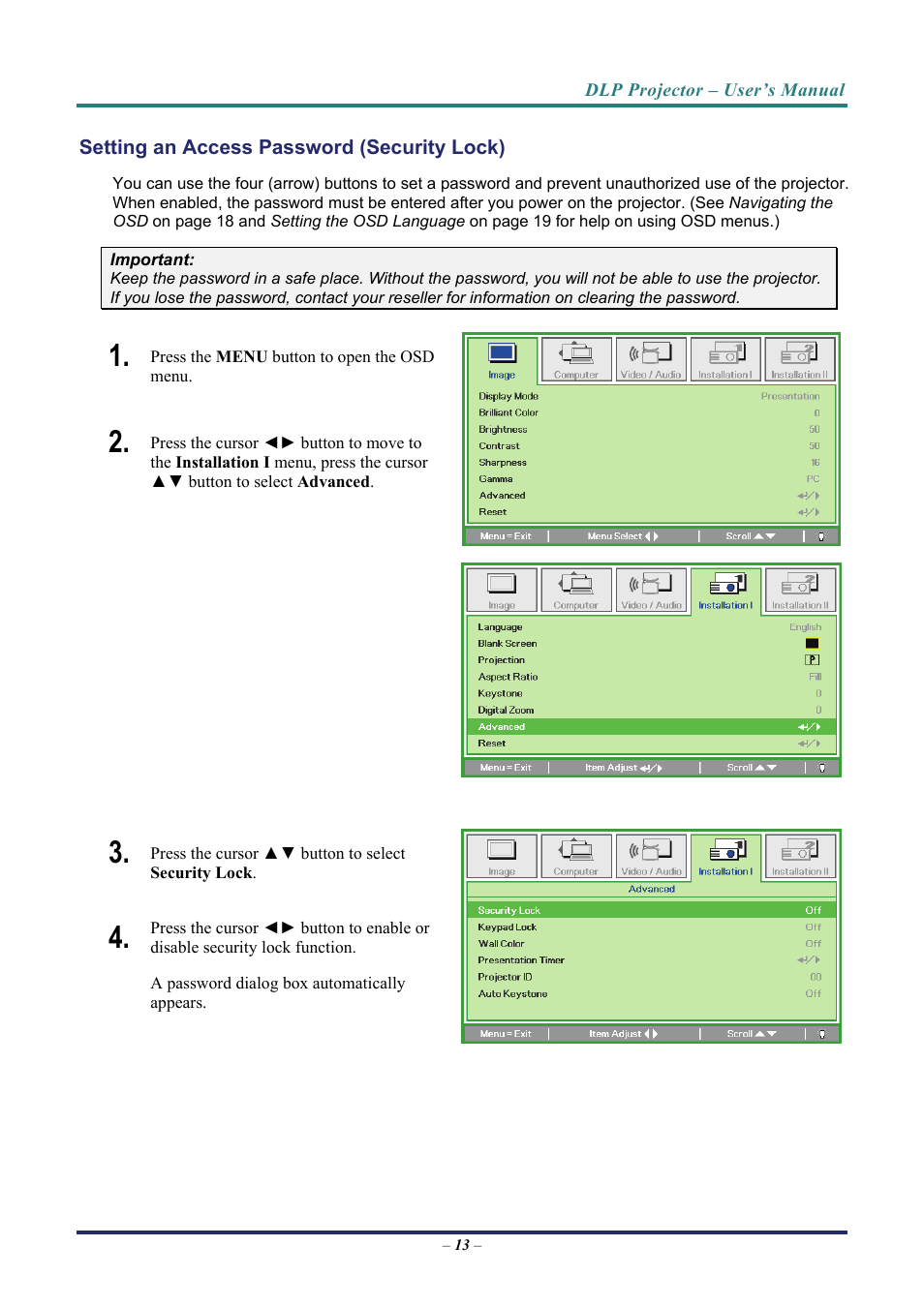 Setting an access password (security lock) | Vivitek D8 User Manual | Page 21 / 64