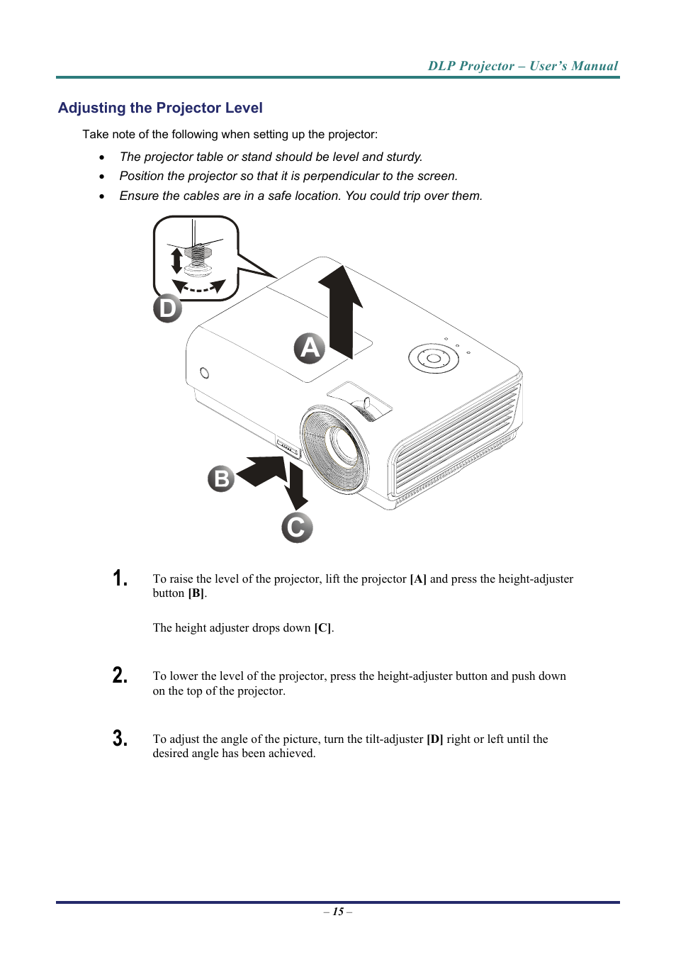 Adjusting the projector level | Vivitek D8 User Manual | Page 23 / 64