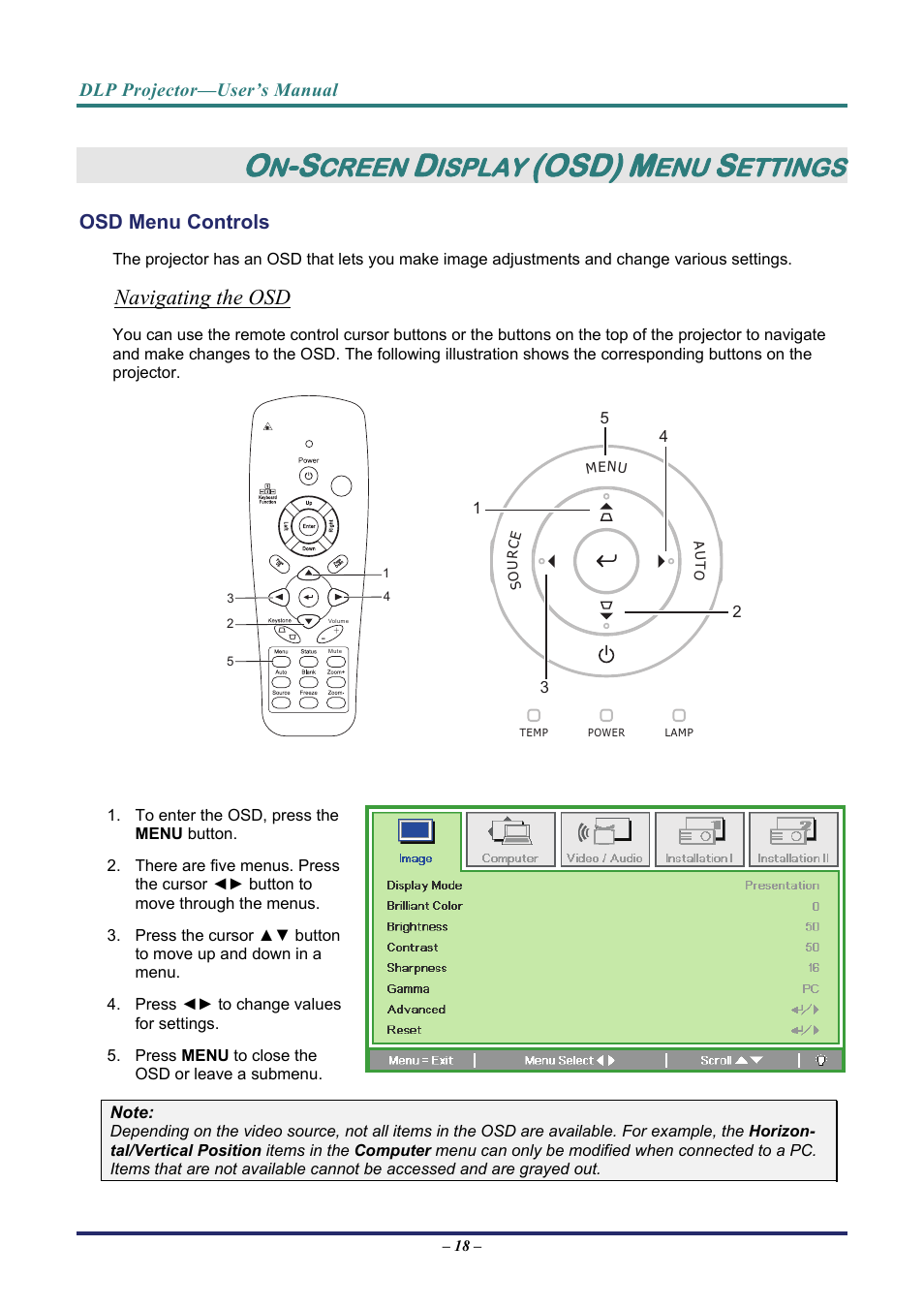 On-screen display (osd) menu settings, Osd menu controls, Navigating the osd | Osd), Creen, Isplay, Ettings | Vivitek D8 User Manual | Page 26 / 64