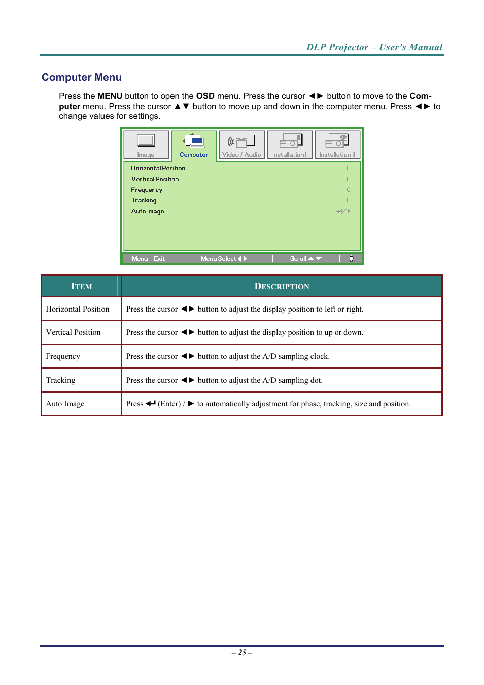 Computer menu | Vivitek D8 User Manual | Page 33 / 64