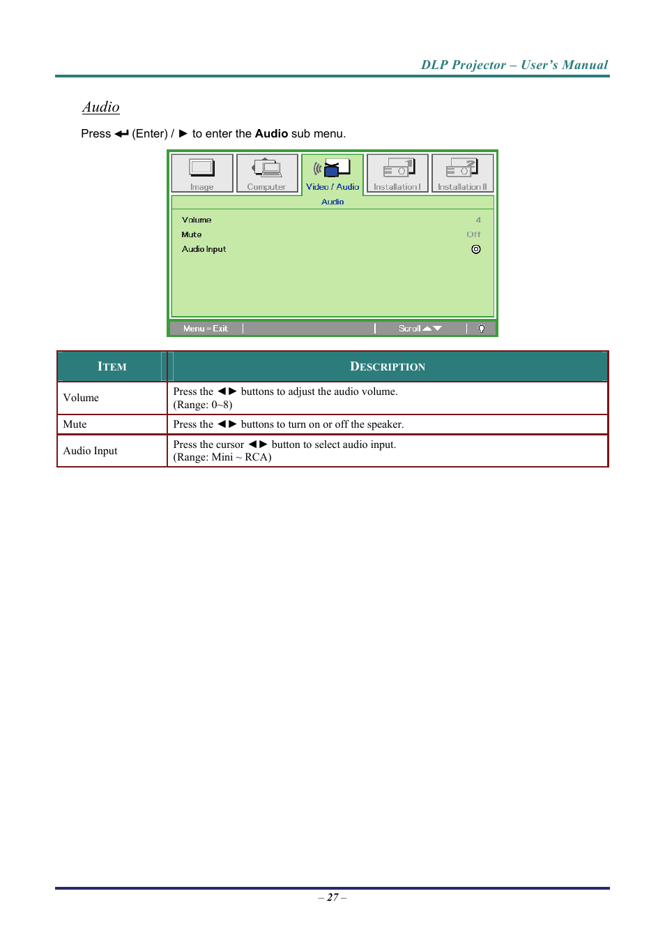 Audio | Vivitek D8 User Manual | Page 35 / 64