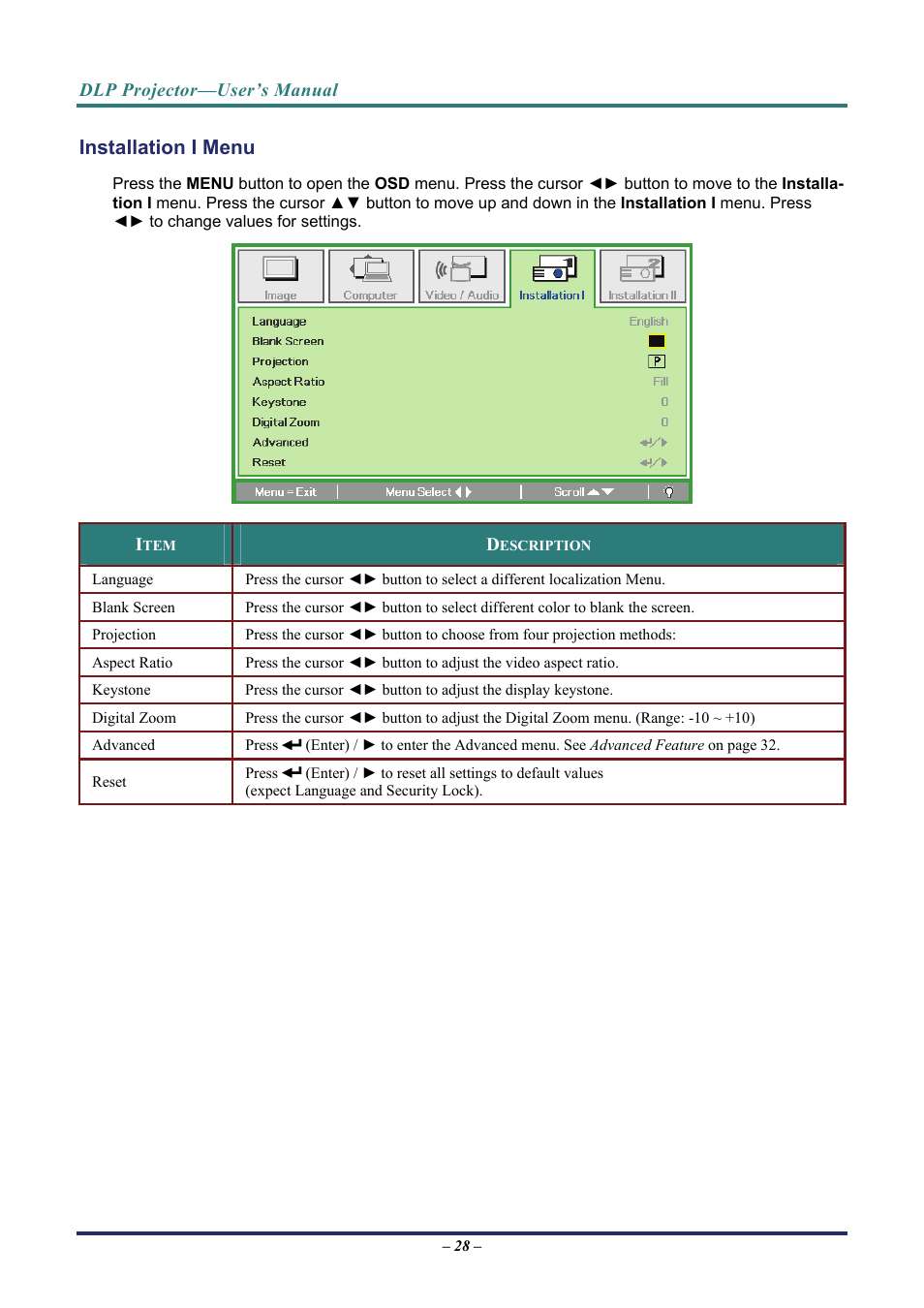 Installation i menu | Vivitek D8 User Manual | Page 36 / 64