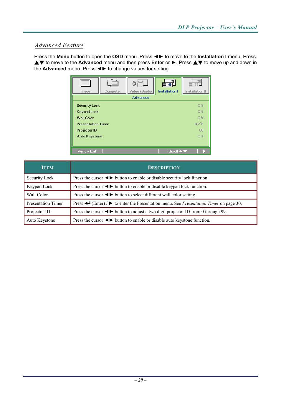 Advanced feature | Vivitek D8 User Manual | Page 37 / 64