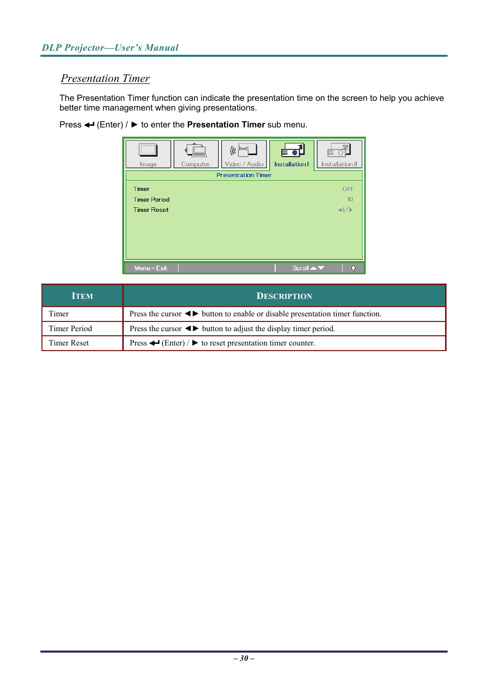 Presentation timer | Vivitek D8 User Manual | Page 38 / 64