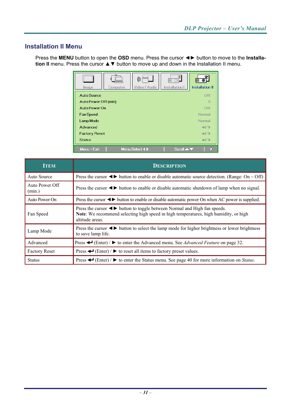 Installation ii menu | Vivitek D8 User Manual | Page 39 / 64