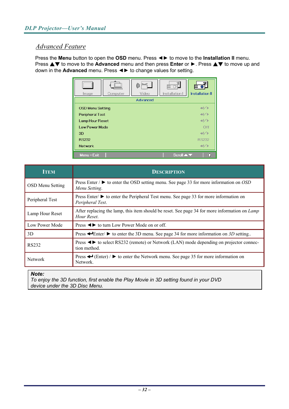 Advanced feature, Advanced feature o, Ge 32 | Vivitek D8 User Manual | Page 40 / 64