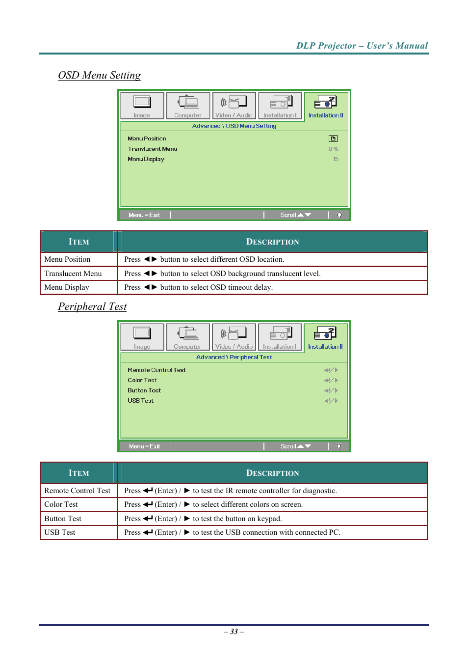 Osd menu setting, Peripheral test, Ge 33 fo | Vivitek D8 User Manual | Page 41 / 64