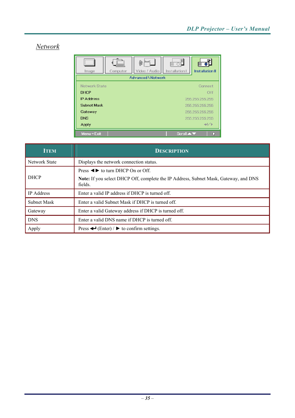35 fo, Network | Vivitek D8 User Manual | Page 43 / 64