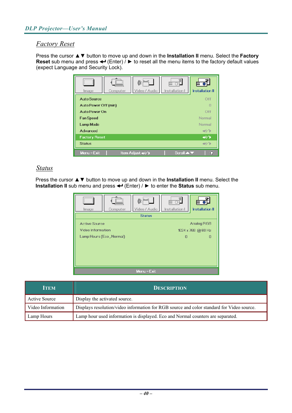 Factory reset, Status, 40 fo | Vivitek D8 User Manual | Page 48 / 64