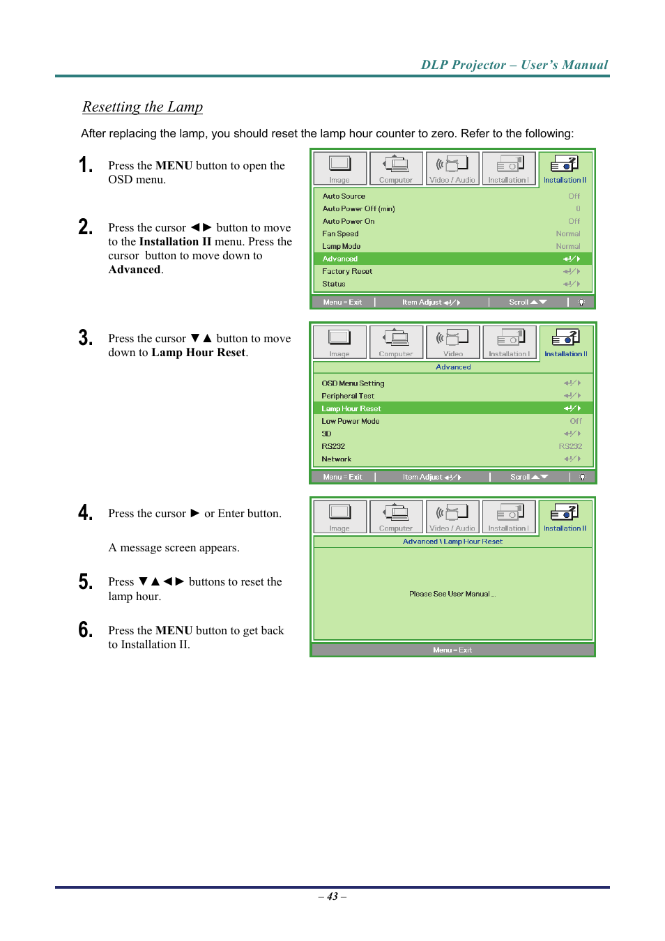 Resetting the lamp | Vivitek D8 User Manual | Page 51 / 64