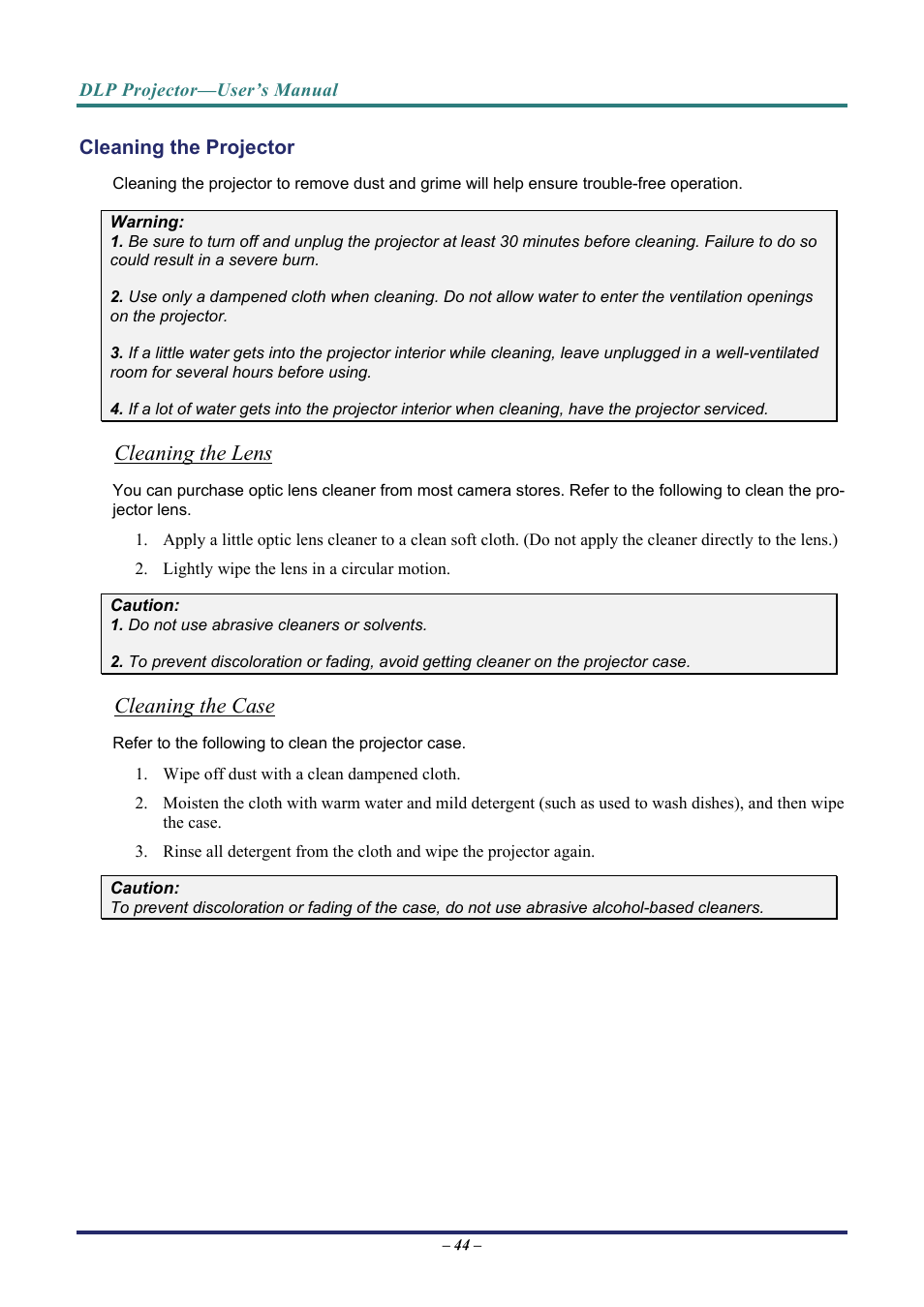 Cleaning the projector, Cleaning the lens, Cleaning the case | Vivitek D8 User Manual | Page 52 / 64