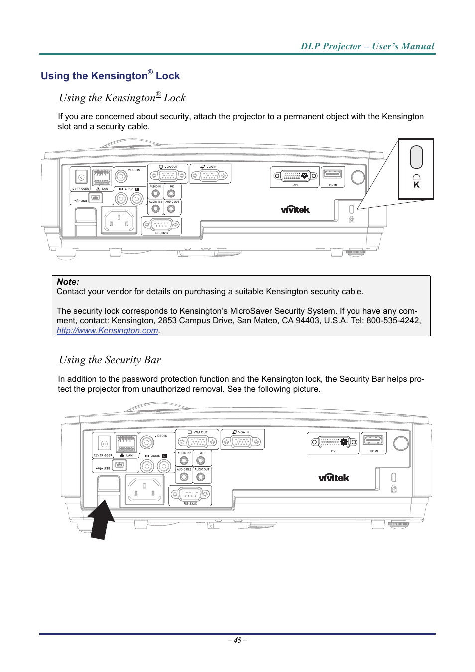 Using the kensington® lock, Using the security bar, Using the kensington | Lock | Vivitek D8 User Manual | Page 53 / 64