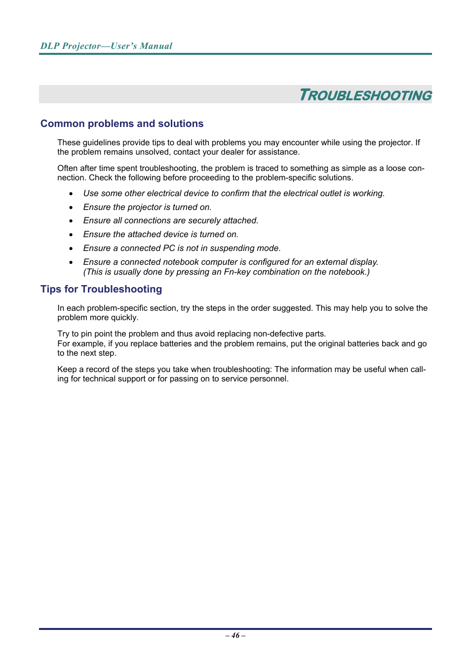 Troubleshooting, Common problems and solutions, Tips for troubleshooting | Roubleshooting | Vivitek D8 User Manual | Page 54 / 64