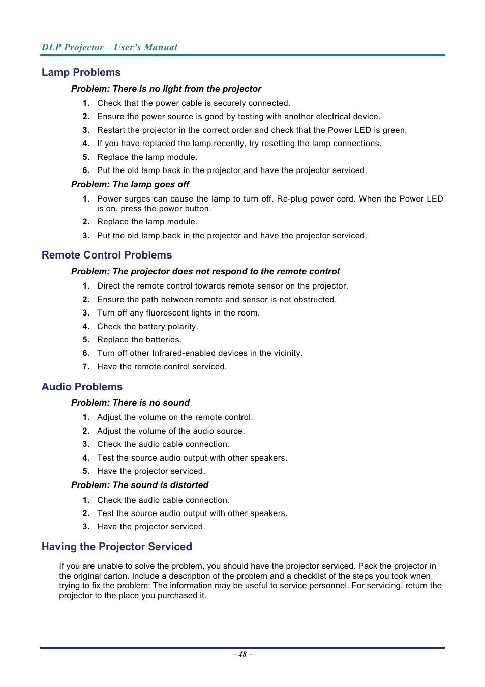 Lamp problems, Remote control problems, Audio problems | Having the projector serviced | Vivitek D8 User Manual | Page 56 / 64