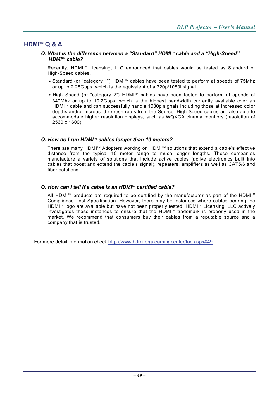 Hdmitm q & a, Hdmi, Q & a | Dlp projector – user’s manual | Vivitek D8 User Manual | Page 57 / 64