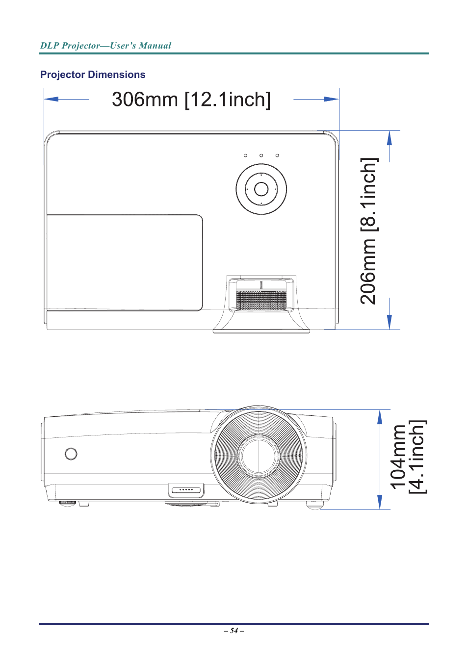 Projector dimensions | Vivitek D8 User Manual | Page 62 / 64