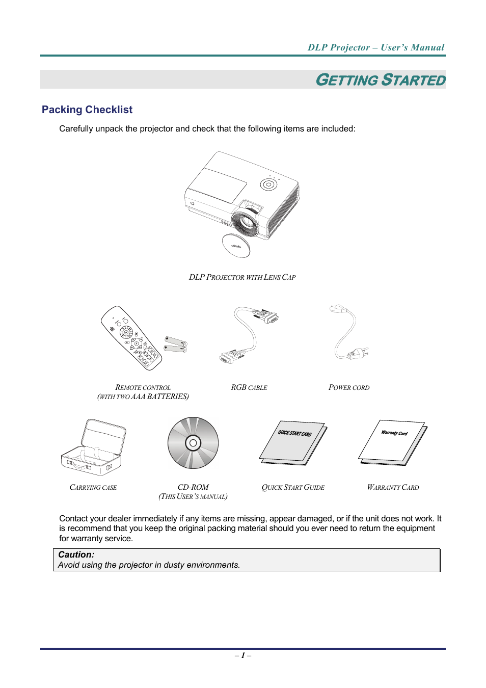 Getting started, Packing checklist, Etting | Tarted | Vivitek D8 User Manual | Page 9 / 64