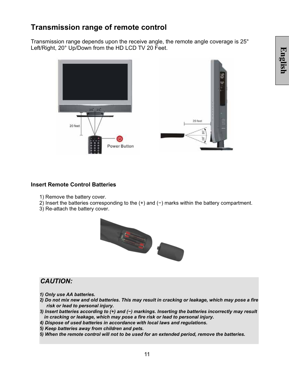 English, Transmission range of remote control | Vivitek LT32PL3-A User Manual | Page 12 / 45