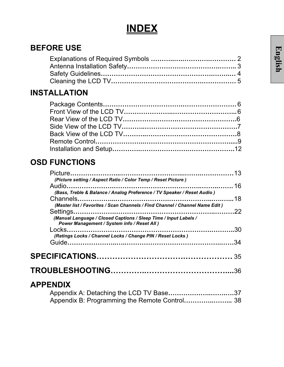 Index, English, Before use | Installation, Osd functions, Specifications, Troubleshooting, Appendix | Vivitek LT32PL3-A User Manual | Page 2 / 45