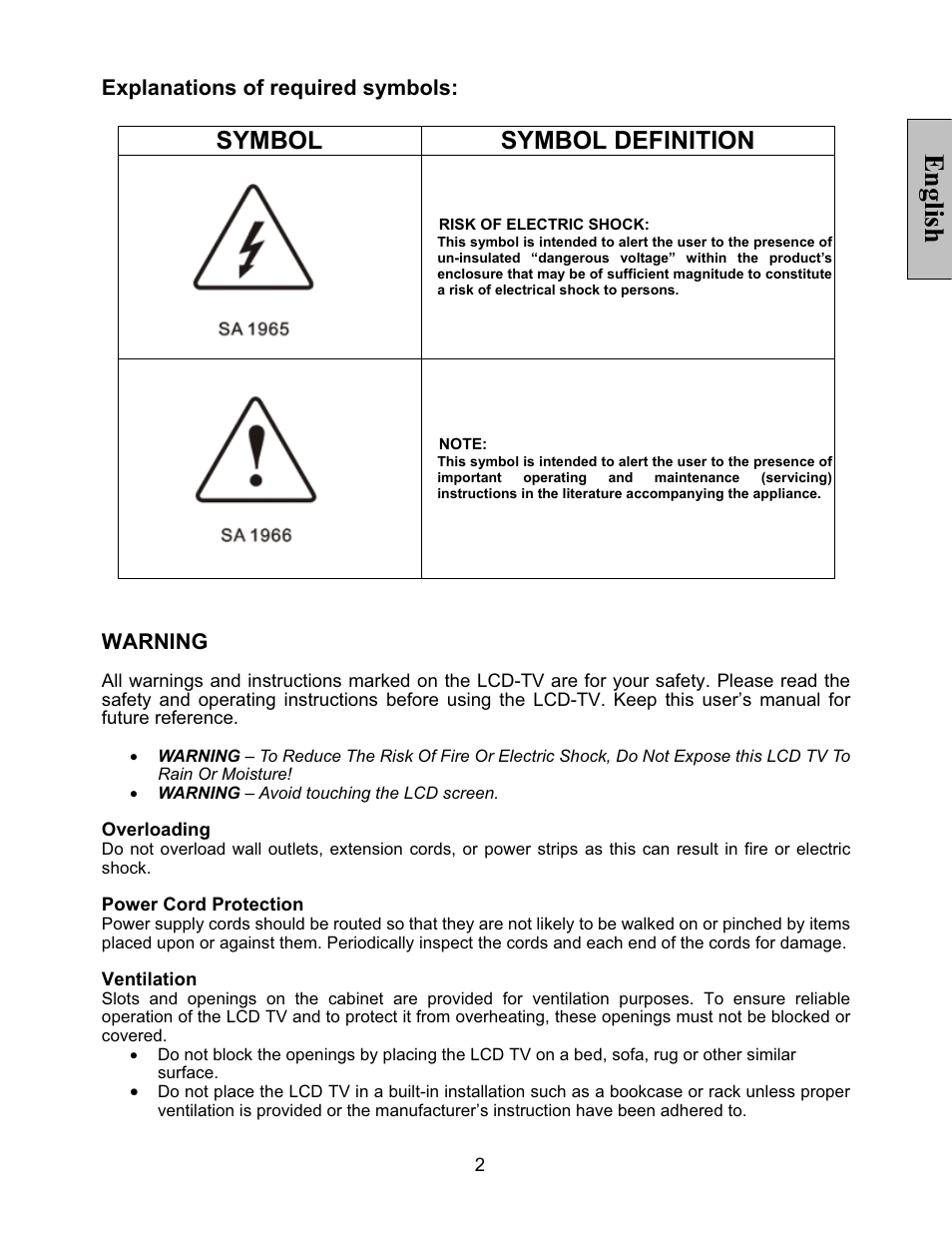 English, Symbol symbol definition | Vivitek LT32PL3-A User Manual | Page 3 / 45