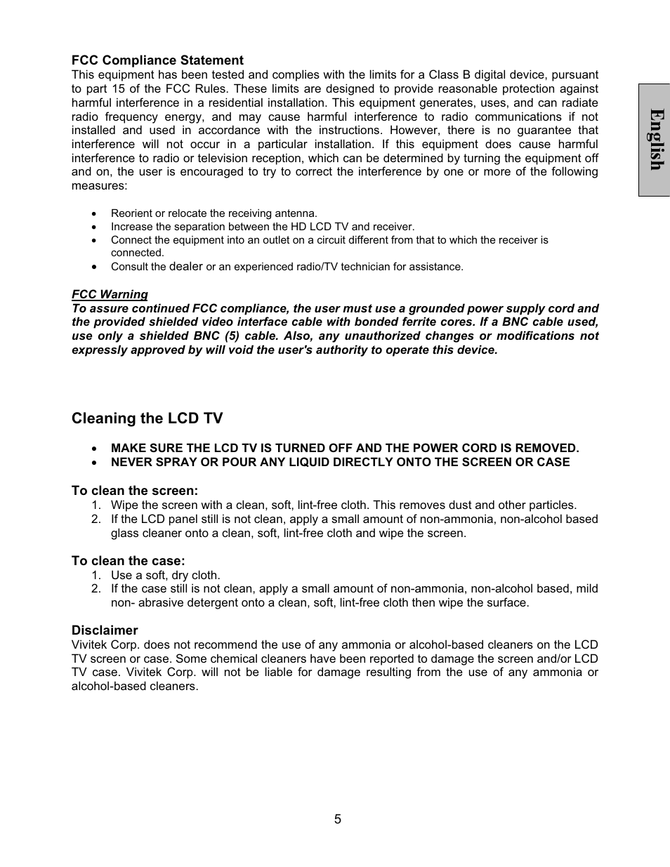 English, Cleaning the lcd tv | Vivitek LT32PL3-A User Manual | Page 6 / 45