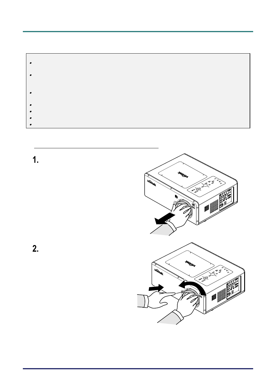 Installing or removing the optional lens, Removing the existing lens from the projector, Nstalling or | Emoving the, Ptional | Vivitek D5500 User Manual | Page 21 / 113