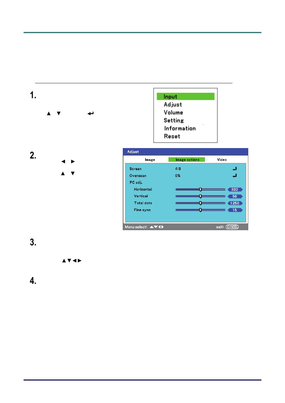 Adjusting position/total dots/fine sync, Djusting, Osition | Otal | Vivitek D5500 User Manual | Page 48 / 113