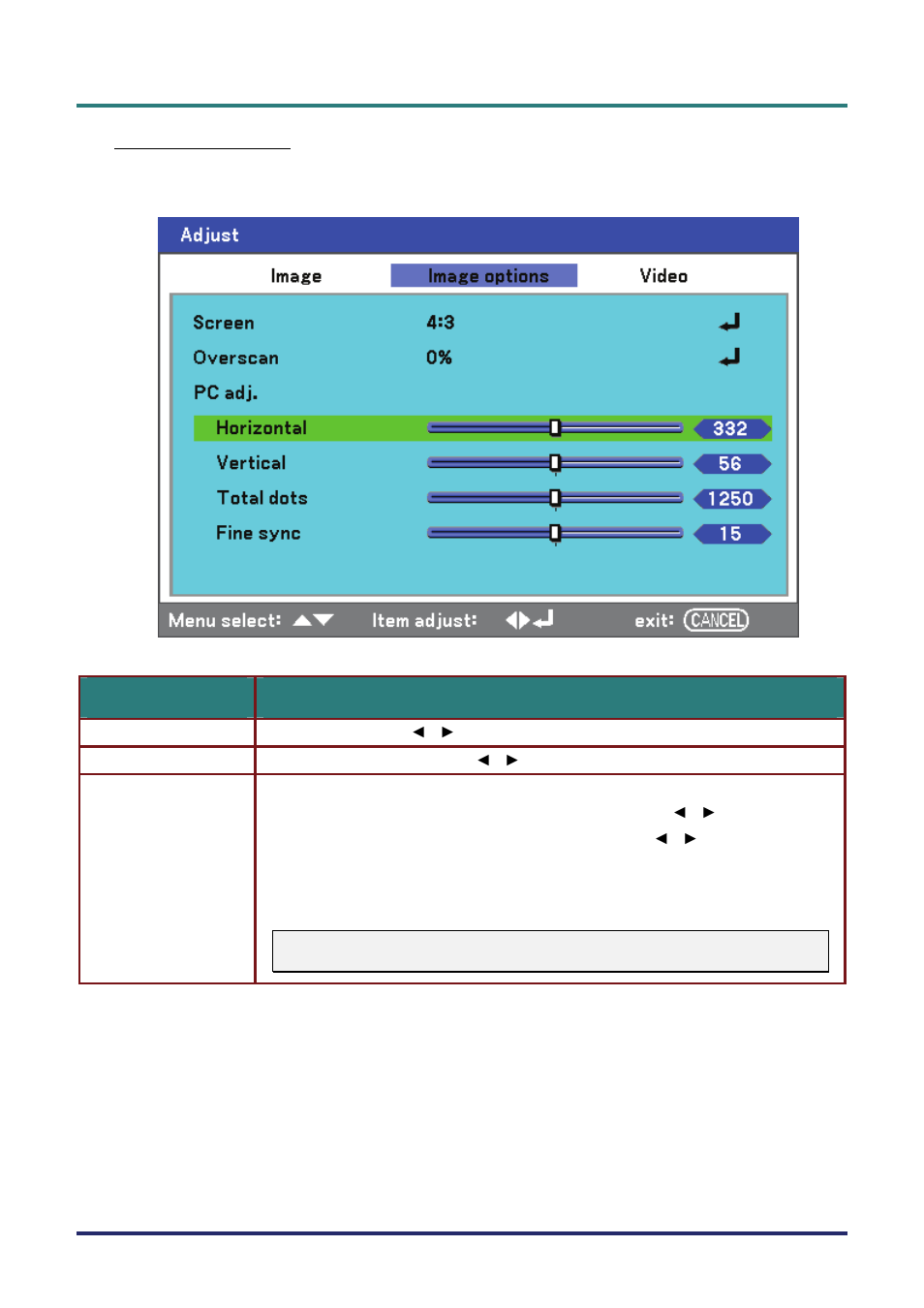 Image options menu | Vivitek D5500 User Manual | Page 61 / 113