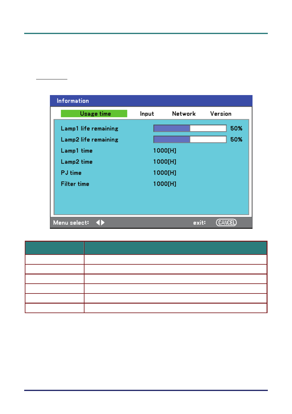 Information menu descriptions and functions, Usage time, Nformation | Escriptions and, Unctions | Vivitek D5500 User Manual | Page 83 / 113