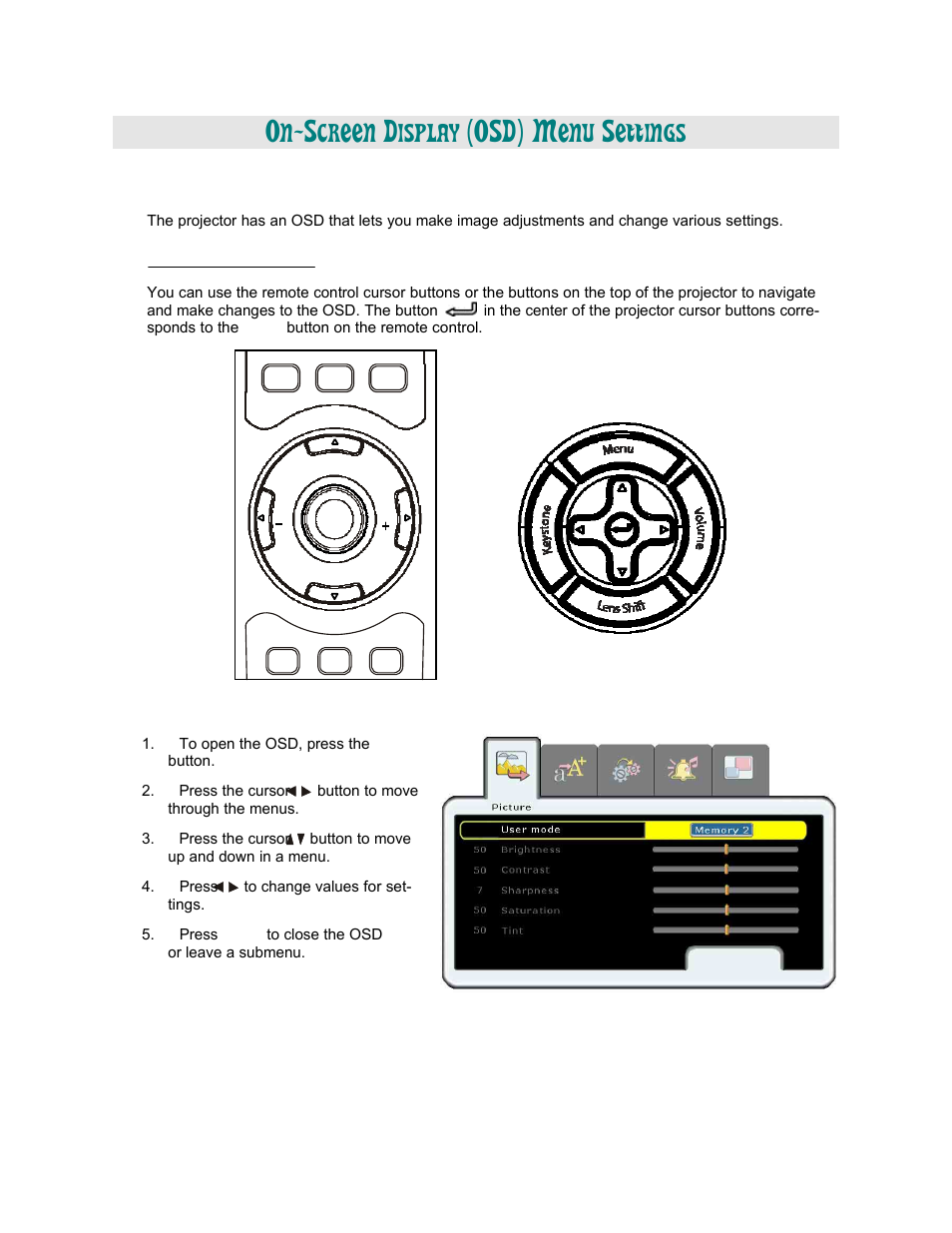 Osd) m, Creen, Isplay | Ettings, Navigating the osd, Osd menu controls | Vivitek Platinum Series D3355 User Manual | Page 30 / 68