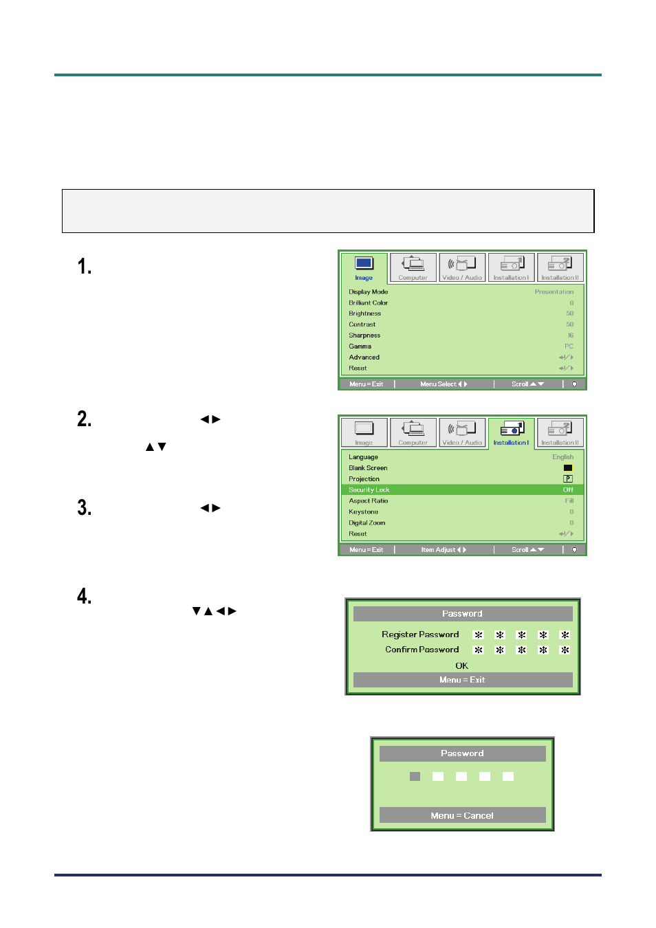 Setting an access password (security lock), Etting an, Ccess | Assword, Ecurity | Vivitek D735VX User Manual | Page 20 / 57