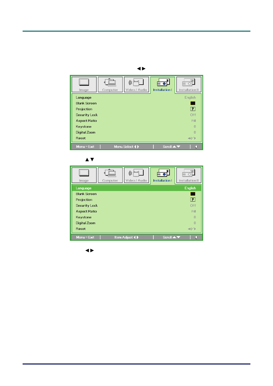 Setting the osd language, Etting the, Osd l | Anguage | Vivitek D735VX User Manual | Page 27 / 57