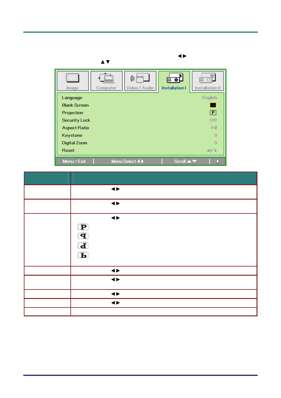 Installation i menu, Nstallation | Vivitek D735VX User Manual | Page 37 / 57