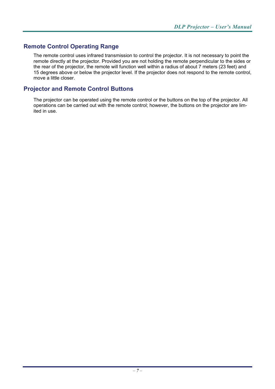 Remote control operating range, Projector and remote control buttons, Emote | Ontrol, Perating, Ange, Rojector and, Uttons | Vivitek D7 User Manual | Page 15 / 63