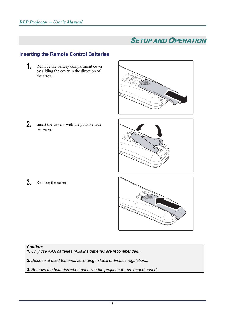 Setup and operation, Inserting the remote control batteries, Nserting the | Emote, Ontrol, Atteries, Etup and, Peration | Vivitek D7 User Manual | Page 16 / 63