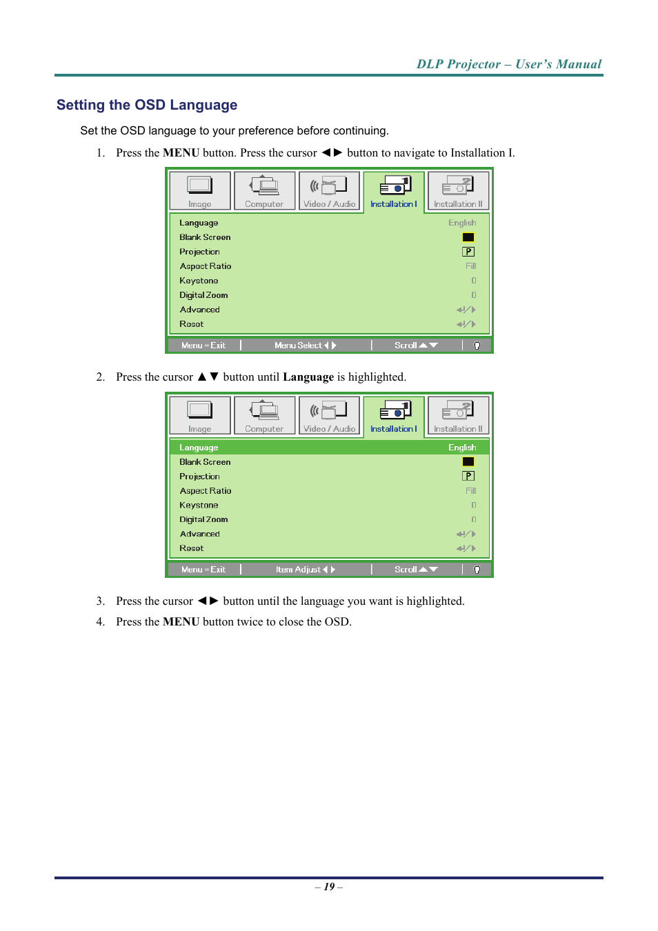 Setting the osd language, Etting the, Anguage | Vivitek D7 User Manual | Page 27 / 63