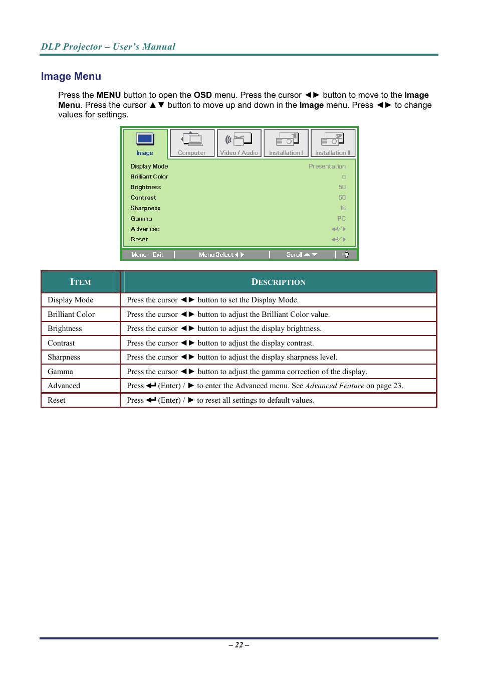 Image menu, Mage | Vivitek D7 User Manual | Page 30 / 63