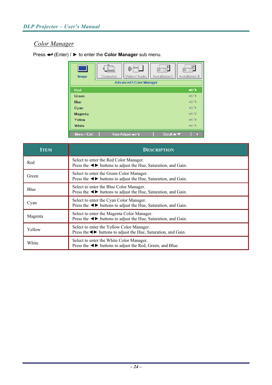 Color manager | Vivitek D7 User Manual | Page 32 / 63