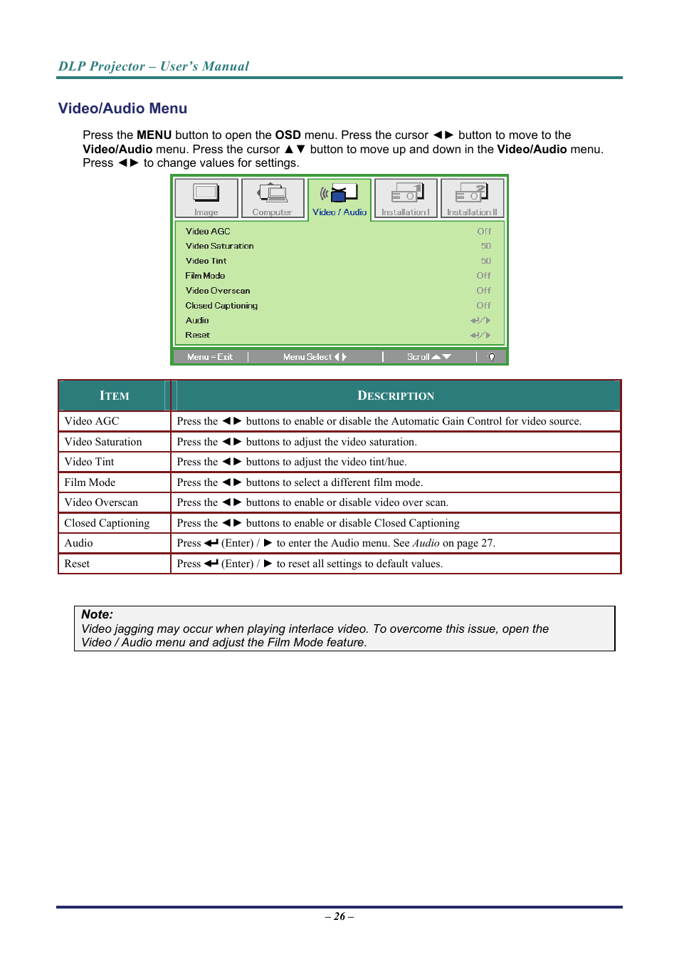 Video/audio menu, Ideo, Udio | Vivitek D7 User Manual | Page 34 / 63