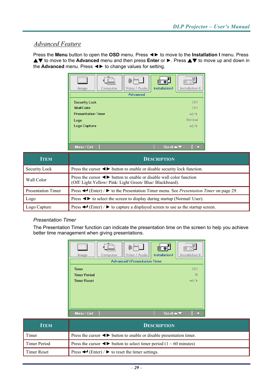 Advanced feature, Presentation timer, Advanced feature presentation timer | Vivitek D7 User Manual | Page 37 / 63